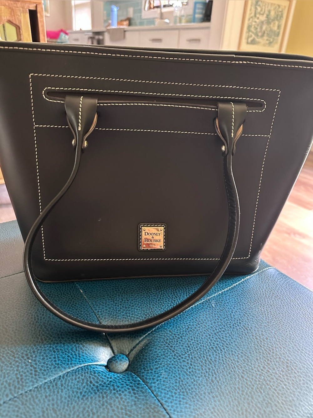 Dooney & Bourke Black Leather Tote with Contrast Stitching